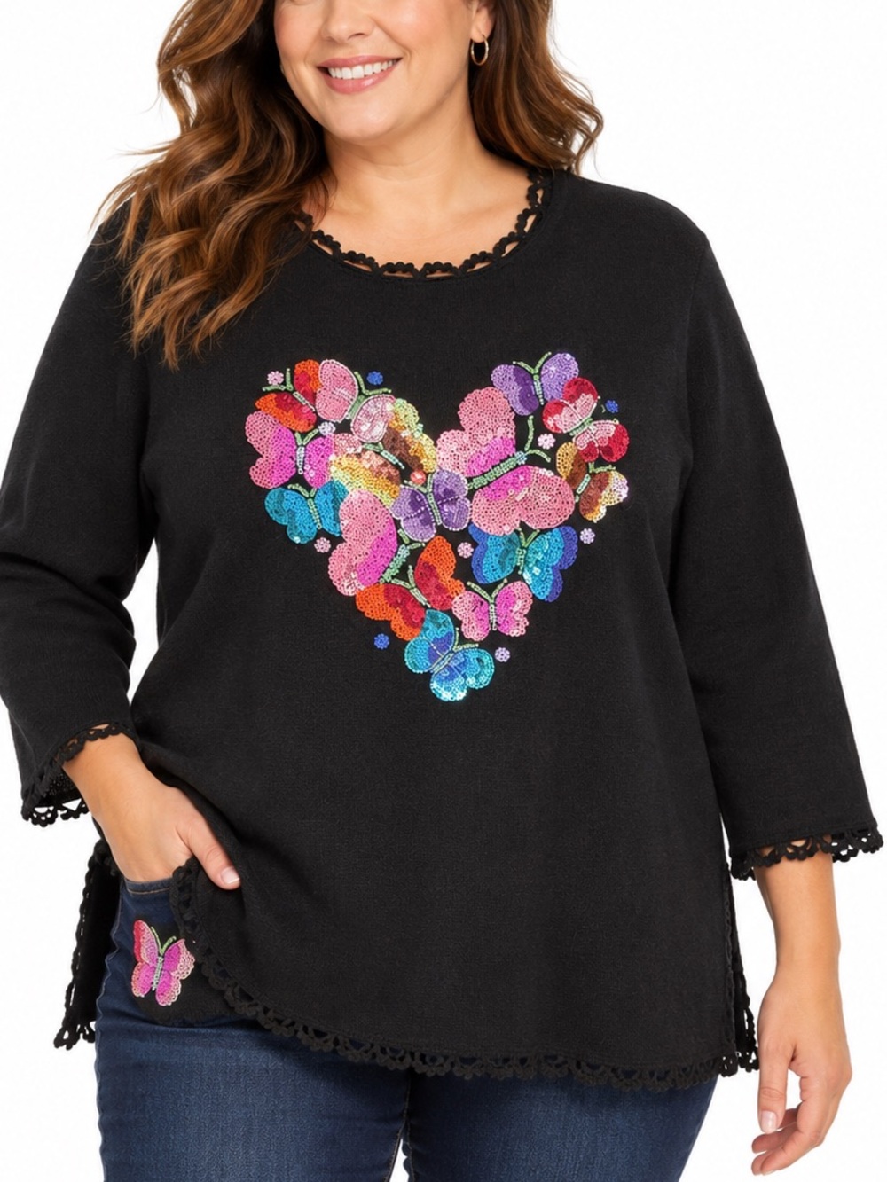 Quacker Factory 3X NWT Sequin Butterfly Heart Sweater Black Plus Size